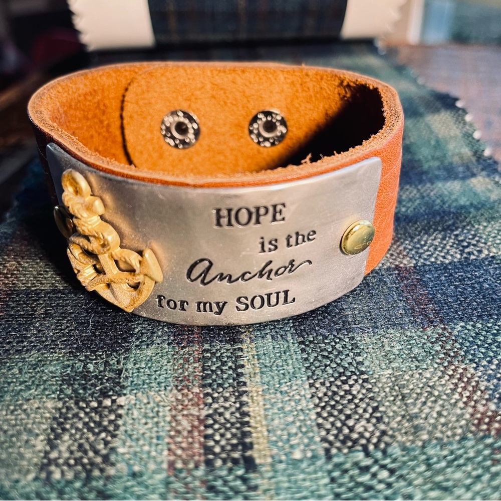 brown leather cuff bracelet Hope is the anchor new
